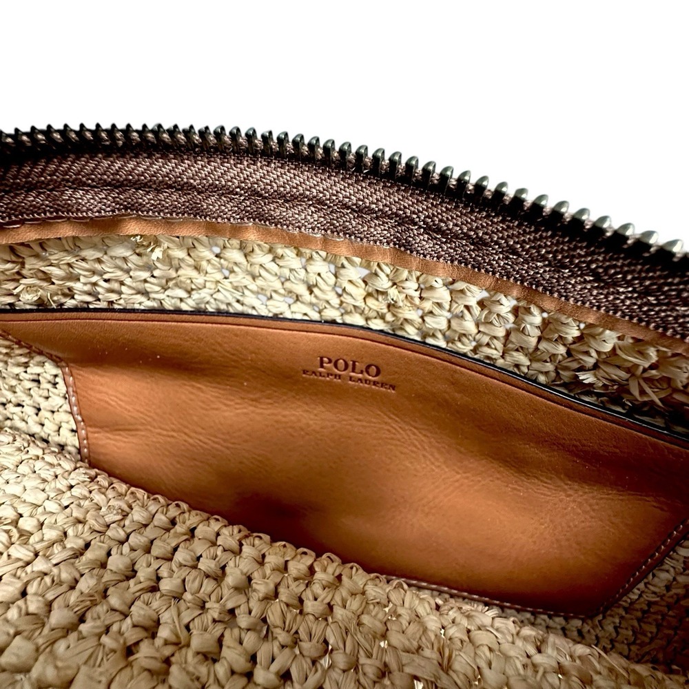 NEW Polo Ralph Lauren Natural Raffia Cow Leather Pouch Wallet Clutch Small Zip - Picture 8 of 13